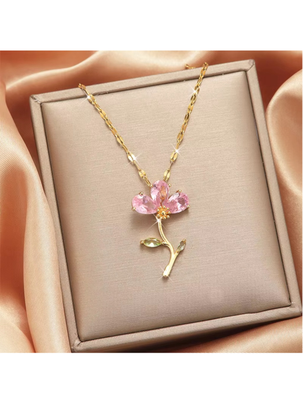 Pink Cubic Zirconia Stone Flower Pendant Necklace on a Gold Coloured Chain NWT
